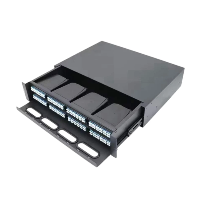 2U 192 Ports HD MPO Fiber Patch Panel With 8 Cassette Modules Duplex LC OM3