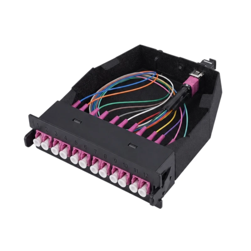 Pre-terminated MPO-12 Male to 6x LC Duplex Megenta Fiber Optic Cassette OM4 Type A